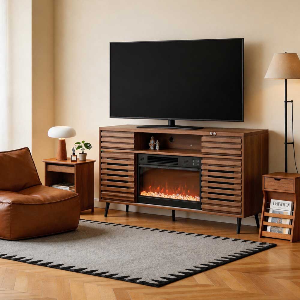 Living room with a wooden TV stand featuring an electric fireplace, television, and decorative items.