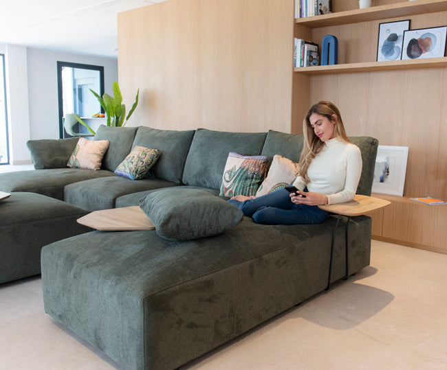 Teseo Sofa by Fama with Chaise end and Wooden arm come table top