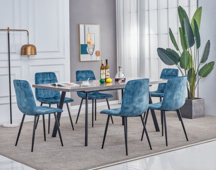 Room Setting of Concrete effect Extending Table with Black contemporary legs and dining chairs