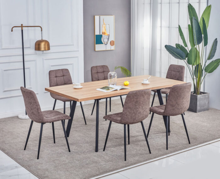 Room Setting of Wood effect Extending Table with Black contemporary legs and dining chairs