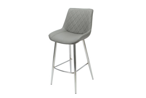 4 Legged Bar Stool with Chrome Legs and Grey PU. Diamond Shape stitching