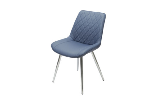 Blue PU Dining Chair with Chrome legs. Diamond shape stitching on back of seat.