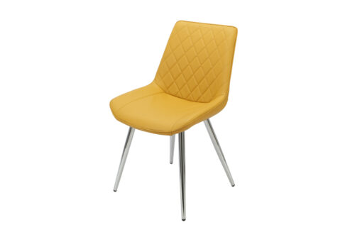 Yellow PU Dining Chair with Chrome legs. Diamond shape stitching on back of seat.