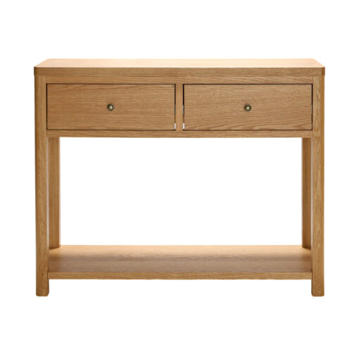 Tall narrow oak console table for hallway with two drawers