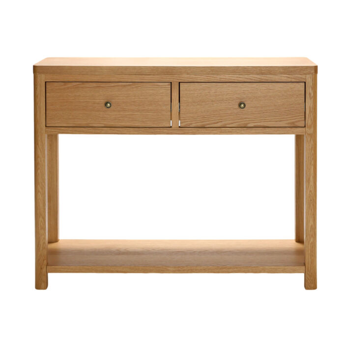 Tall narrow oak console table for hallway with two drawers