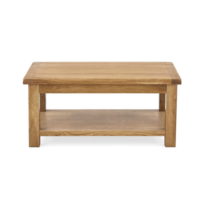 oak rectangular coffee table with storage shelf underneath