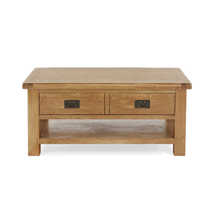 oak coffee table with 2 drawers and low shelf