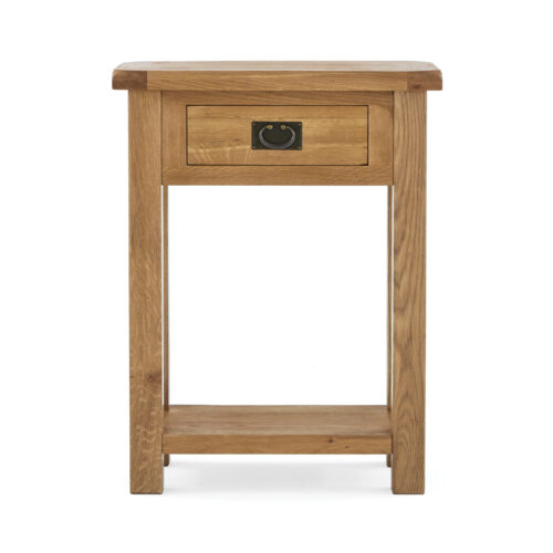 tall narrow oak telephone / colsole table with a single drawer and low storage shelf undernath