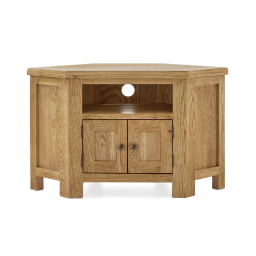 6 sided oak corner tv unit with 4 legs, a centre shelf and 2 small doors beneath revealing enclosed storage