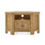 6 sided oak corner tv unit with 4 legs, a centre shelf and 2 small doors beneath revealing enclosed storage