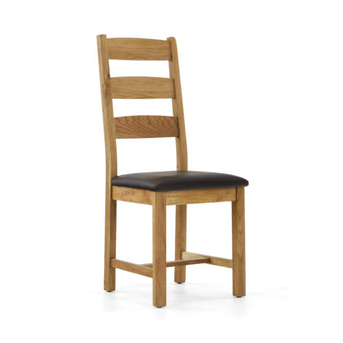 oak chair with 3 horizonal oak slats forming the seat back and black leather seat.