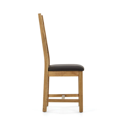 oak chair with 3 horizonal oak slats forming the seat back and black leather seat. side view