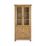 tall oak display cabinet with double glass doors, 3 upper shelves and concealed storage underneath behind two oak doors.