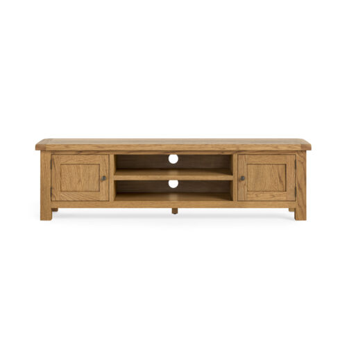 extra large oak TV unit with 2 centre shelves and a storage cupboard on either side of the shelving