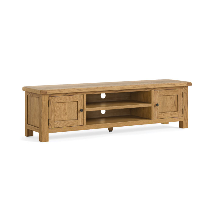 extra large oak TV unit with 2 centre shelves and a storage cupboard on either side of the shelving