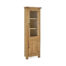 tall oak display cabinet with single glass door, 3 upper shelves and concealed storage underneath behind a single oak door.