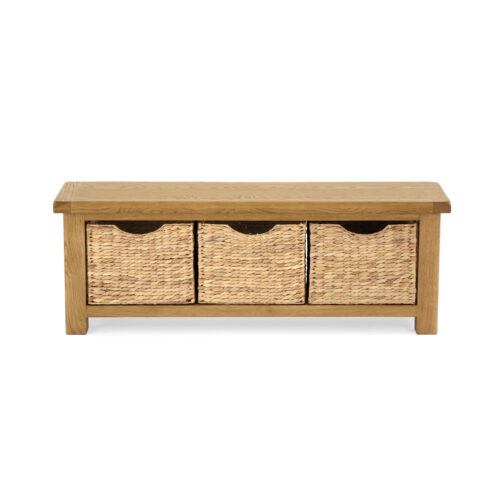 oack seating bench with 3 woven baskets undeneath for storage.