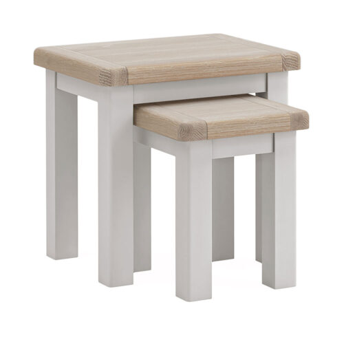 Nest of two tables. Thick Oak tops with grey frame and legs.