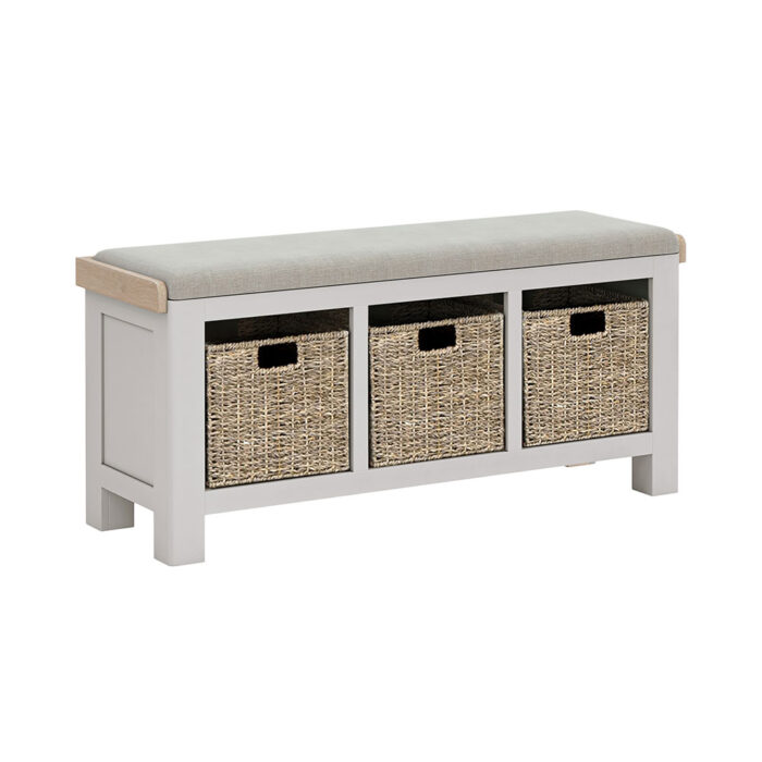 Grey painted oak hallway storage bench with storage baskets under the seat. Beige cushion on the bench.