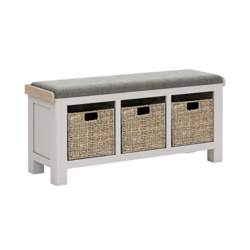 Grey painted oak hallway storage bench with storage baskets under the seat. Grey cushion on the bench.