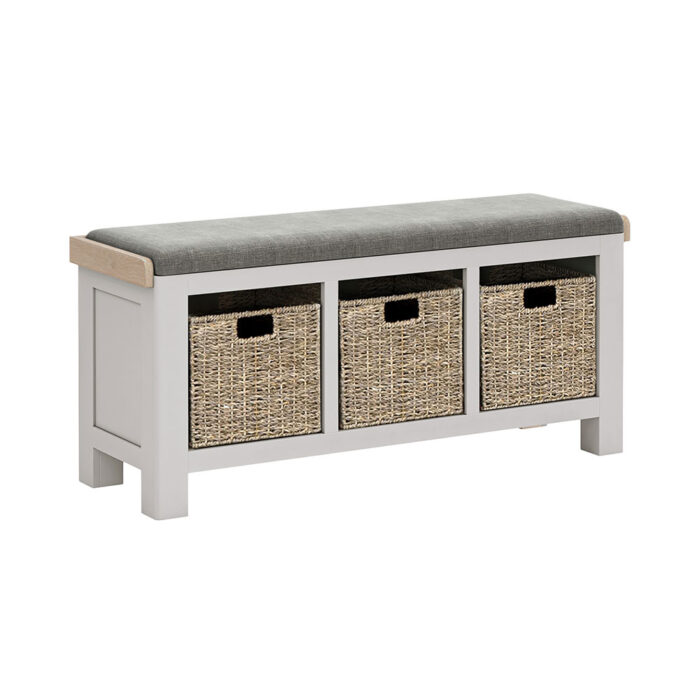 Grey painted oak hallway storage bench with storage baskets under the seat. Grey cushion on the bench.