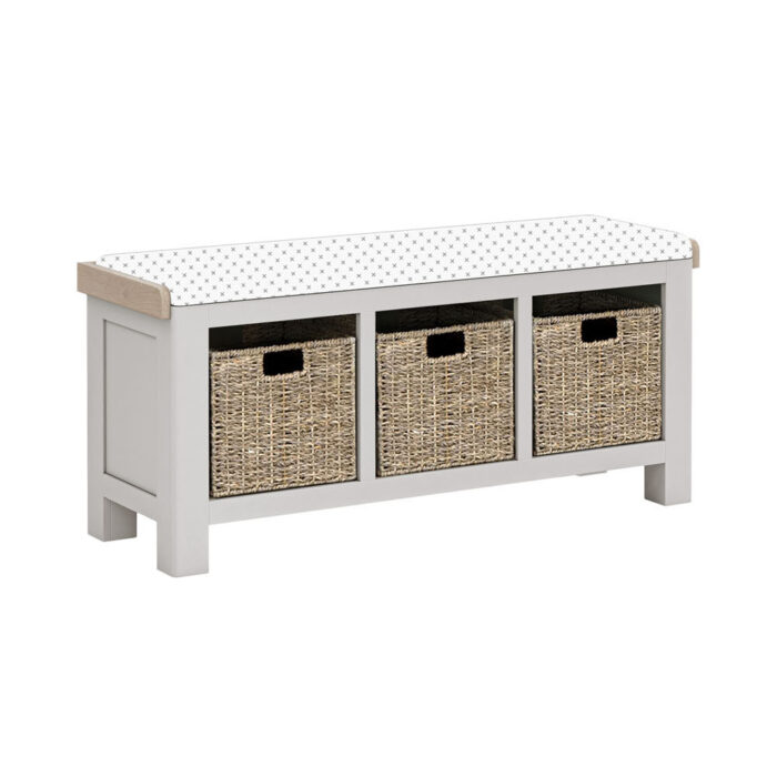 Grey painted oak hallway storage bench with storage baskets under the seat. No cushion on this bench.