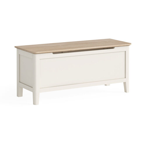 elegant white blanket box with oak top. twice as long as it is wide.