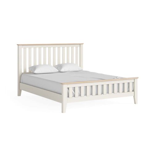 Oak painted slatted king 5ft bedframe, white, with white pillow and matress.