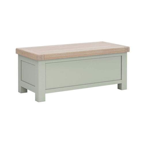 elegant grey blanket box with oak top. 2.5 times as long as it is wide.