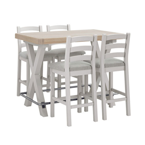 Grey painted oak Bar Table and 4 matching grey painted oak bar chairs against a white background
