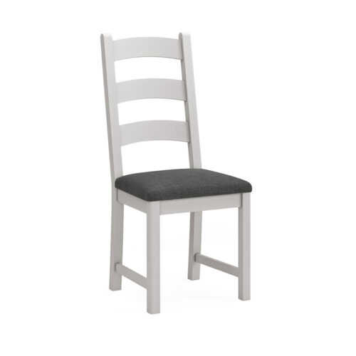 Grey painted oak dining chair with charcoal grey cushion. Has 3 wide horizontal slats in the backrest