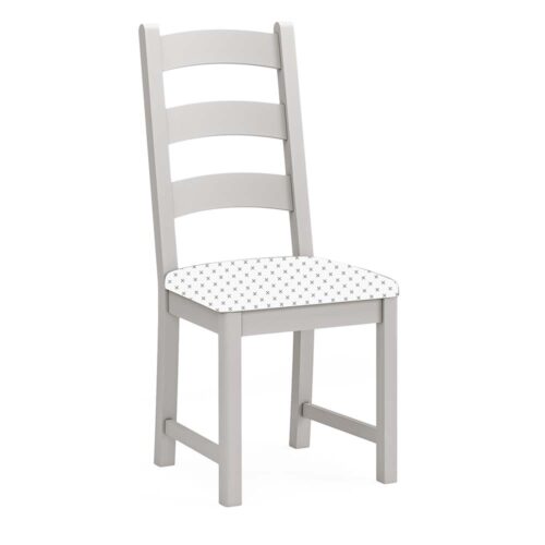 Grey painted oak dining chair without cushion. Has 3 wide horizontal slats in the backrest